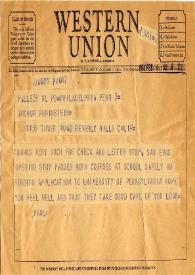 Portada:Telegrama dirigido a Arthur Rubinstein. Filadelfia (Pensilvania), 04-02-1954