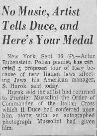 Portada:No Music, Artist Tells Duce, and Here's Your Medal