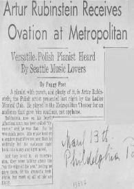 Portada:Artur (Arthur) Rubinstein Receives Ovation at Metropolitan : Versatile Polish Pinaist Heard By Seattle Music Lovers