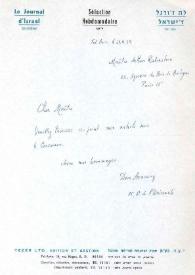 Portada:Carta dirigida a Arthur Rubinstein. Tel Aviv (Israel) , 29-09-1974