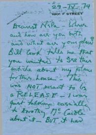 Portada:Carta dirigida a Aniela Rubinstein, 29-04-1974