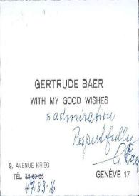Portada:Tarjeta de visita dirigida a Arthur Rubinstein. Ginebra (Suiza)
