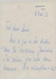 Portada:Tarjeta de visita a Aniela y Arthur Rubinstein. Zürich (Suiza), 04-10-1972