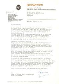 Portada:Carta dirigida a Arthur Rubinstein. La Haya (Holanda), 19-08-1974