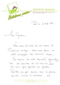 Portada:Carta dirigida a Aniela Rubinstein. París (Francia), 12-04-1989