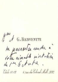 Portada:Tarjeta de visita dirigida a Aniela y Arthur Rubinstein. París (Francia), 01-10-1954
