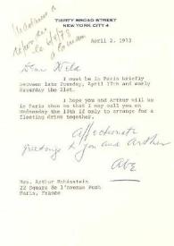 Portada:Carta dirigida a Aniela Rubinstein. Nueva York, 02-04-1973