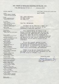 Portada:Carta dirigida a Aniela Rubinstein. Nueva York, 06-04-1962