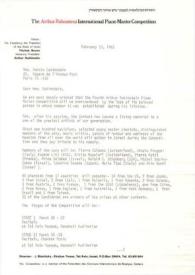 Portada:Carta dirigida a Aniela Rubinstein. Tel Aviv (Israel), 15-02-1983