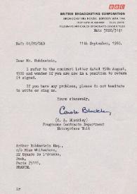 Portada:Carta dirigida a Arthur Rubinstein. Londres (Inglaterra), 11-09-1980