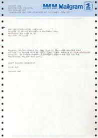 Portada:Telegrama dirigido a la señora de Lewis Rosenstiel (Directora del Baile Polaco en Homenaje a Arthur Rubinstein). Milwaukee (Estados Unidos), 10-03-1976