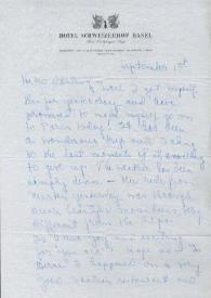 Portada:Carta dirigida a Aniela Rubinstein. Basilea (Suiza), 01-09-1959
