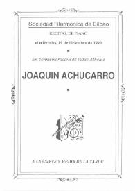 Portada:Recital de Piano de Joaquín Achúcarro en conmemoración de Isaac Albéniz