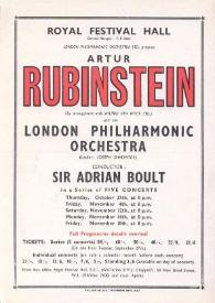 Portada:Programa de concierto del pianista Arthur Rubinstein : con la  London Philarmonic Orchestra : dirigida por Adrian Boult