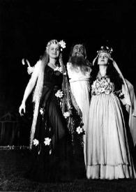 Portada:Plano general de Aniela Rubinstein (vestida de hada), Arthur Rubinstein (vestido de druida) y Juliette Achard disfrazados posando durante el Baile \"Criaturas del Bosque\"