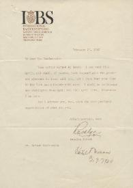 Portada:Carta dirigida a Arthur Rubinstein. Nueva York, 27-02-1960