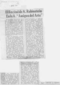 Portada:El Recital de A. (Arthur) Rubinstein en la A. \"Amigos del Arte\"