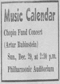 Portada:Music Calendar : Chopin Fund Concert : Arthur Rubinstein