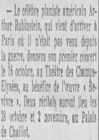 Portada:Le célèbre pianiste americain Arthur Rubinsten, qui vient d'arriver a Paris...