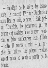 Portada:En dépit de la grève des transport, le concert d'Arthur Rubinstein aura lieu ce soir...