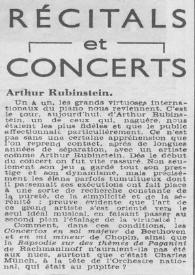 Portada:Récitals et concerts : Arthur Rubinstein