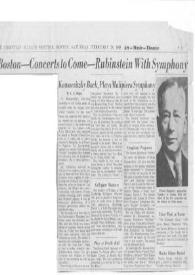 Portada:Concerts to Come - Rubinstein With Symphony : Koussevitzky Back, Plays Malipinero Symphony