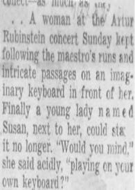 Portada:A woman at the Artur (Arthur) Rubinstein concert Sunday kept following...