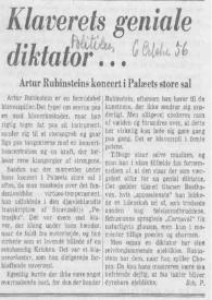 Portada:Klaverets geniale diktator... : Artur (Arthur) Rubinstein koncert i Palaeets store sal