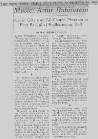 Portada:Music : Artur (Arthur) Rubinstein : Pianist Offers an All - Chopin Program in First Recital at Philharmonic Hall