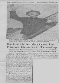 Portada:Rubinstein Arrives for Piano Concert Tuesday