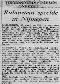 Portada:Vijfhonderd stoelen onbezet... Rubinstein speelde in Nijmegen