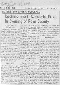 Portada:Rubinstein lively, forceful : Rachmaninoff concerto prize in evening of rare beauty