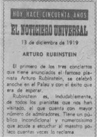 Portada:Hoy hace cincuenta años : el Noticiero Univeral : Arturo (Arthur) Rubinstein