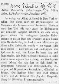 Portada:Arthur Rubinstein : erinnerungen. Die frühen jahre. S.Fischer-Verlag, Frankfurt 1973