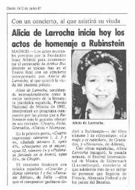 Portada:Con un concierto, al que asistirá su viuda : Alicia de Larrocha inicia hoy los actos de homenaje a Rubinstein