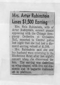 Portada:Mrs. Artur (Arthur) Rubinstein loses $ 1,500 earring