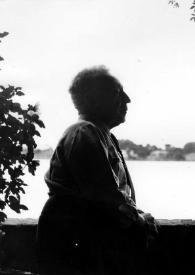 Portada:Plano medio de Arthur Rubinstein y Aniela Rubinstein sentados en un mirador, cerca de un lago, posando. Fotografía tomada a contraluz