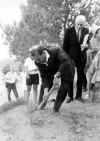 Portada:Plano general del Señor Barzilai (Ministro de Sanidad Pública de Israel) cavando una zanja para plantar un árbol y de un hombre al fondo