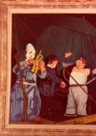 Portada:Cuadro pintado por Bombois que representa a unos payasos ensayando dentro de la carpa del circo