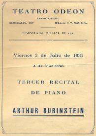 Portada:Temporada Oficial de 1931 : Tercer Recital de Piano Arthur Rubinstein