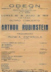 Portada:Temporada oficial 1933 : Último Concierto de Arthur Rubinstein
