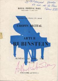 Portada:Programa de concierto del pianista Arthur Rubinstein : Recital Chopin