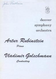 Portada:Programa de concierto del pianista Arthur Rubinstein : con la Denver Symphony Orchestra : dirigida por Vladimir Golschamnn : temporada 1968-1969