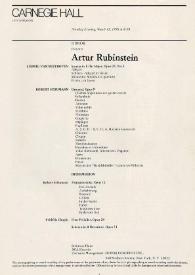 Portada:Programa de concierto de Arthur Rubinstein I. BEETHOVEN: Sonata en E flat Major, op. 31, n.3 SCHUMANN: Carnaval, op. 9 II. SCHUMANN: Fantasiestücke, op. 12 CHOPIN: Four Preludes, op. 28 ; Scherzo in B flat minor, op. 31