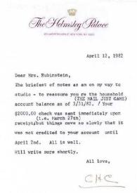 Portada:Carta dirigida a Aniela Rubinstein. Nueva York, 12-04-1982