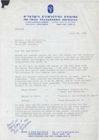 Portada:Carta dirigida a Arthur Rubinstein. Tel Aviv (Israel), 28-07-1970