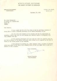 Portada:Carta dirigida a Arthur Rubinstein. Jerusalén (Israel), 29-09-1974