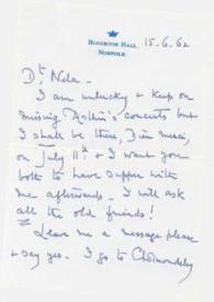Portada:Carta dirigida a Aniela Rubinstein. Norfolk (Inglaterra), 15-06-1962