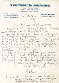 Portada:Carta dirigida a Aniela y Arthur Rubinstein. París (Francia), 14-01-1957