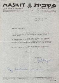 Portada:Carta dirigida a Arthur Rubinstein. Tel Aviv (Israel), 24-04-1968